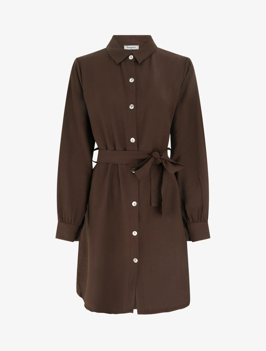 Robe chemise droite à manches longues - Marron - 1