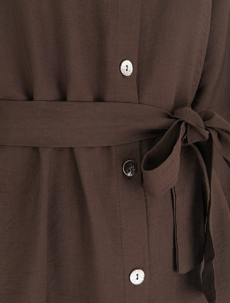 Robe chemise droite à manches longues - Marron - 3