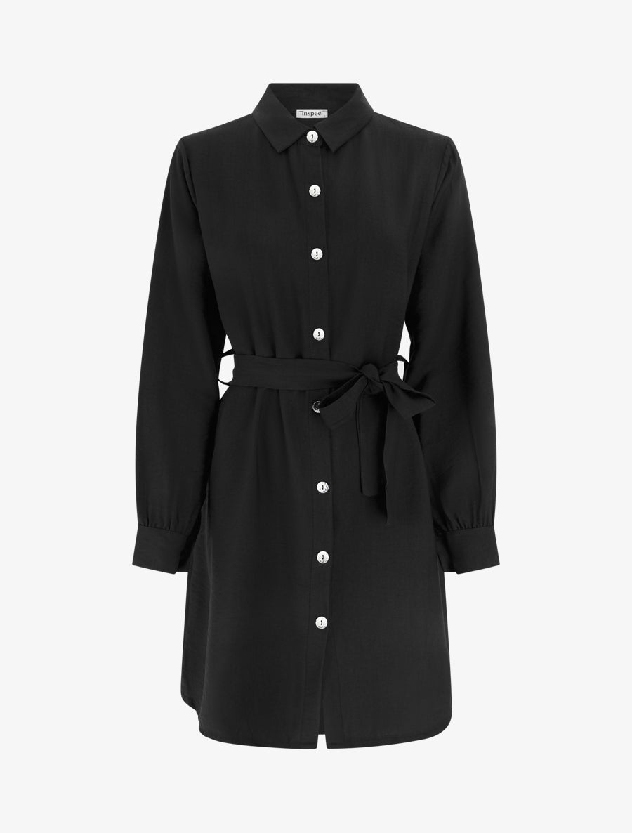 Robe chemise droite à manches longues - Noir - 1