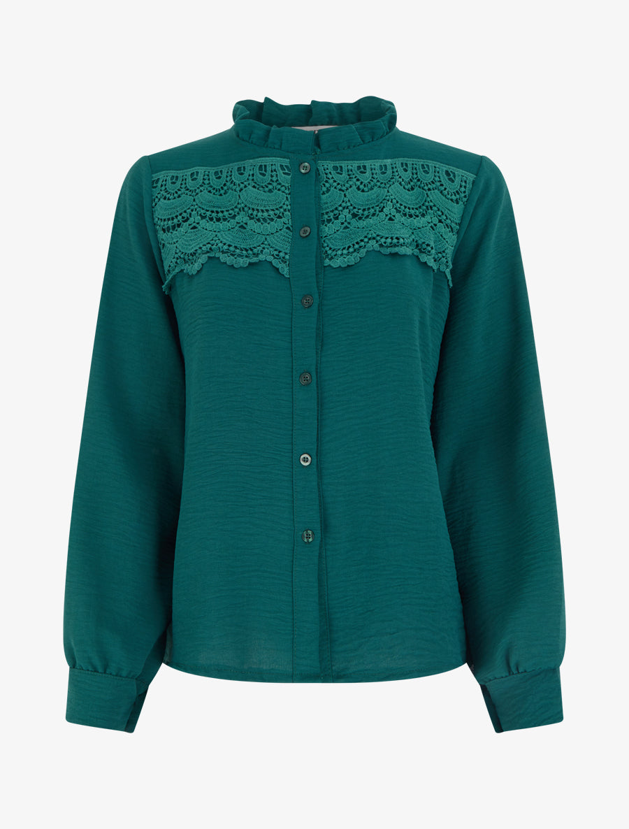Blouse à col montant volanté et dentelle - Vert foncé - 1