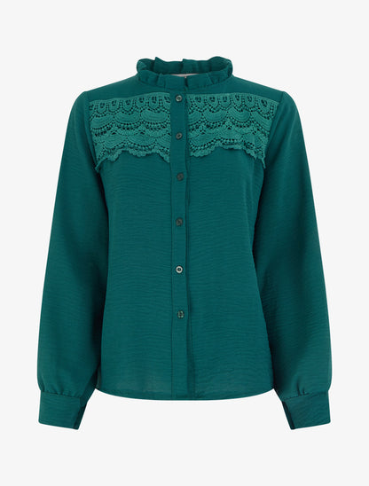 Blouse à col montant volanté et dentelle - Vert foncé - 1