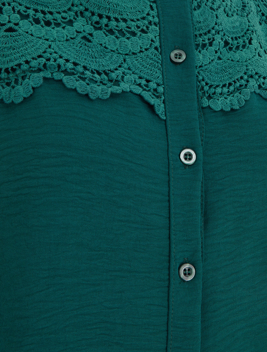 Blouse à col montant volanté et dentelle - Vert foncé - 3
