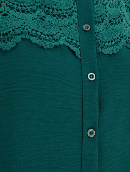 Blouse à col montant volanté et dentelle - Vert foncé - 3
