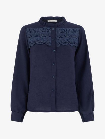 Blouse à col montant volanté et dentelle - Marine - 1
