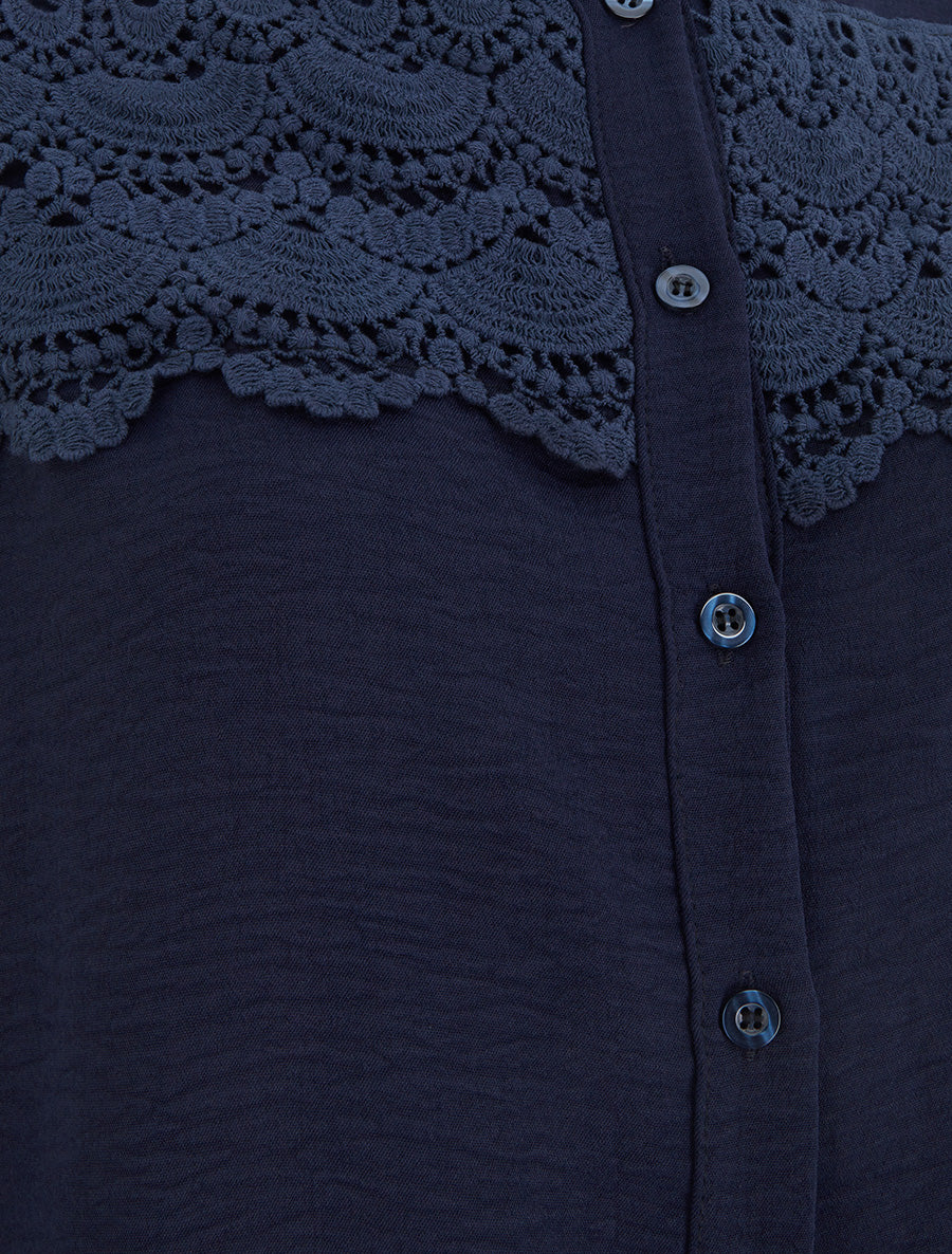 Blouse à col montant volanté et dentelle - Marine - 3