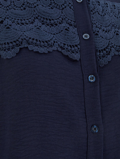 Blouse à col montant volanté et dentelle - Marine - 3