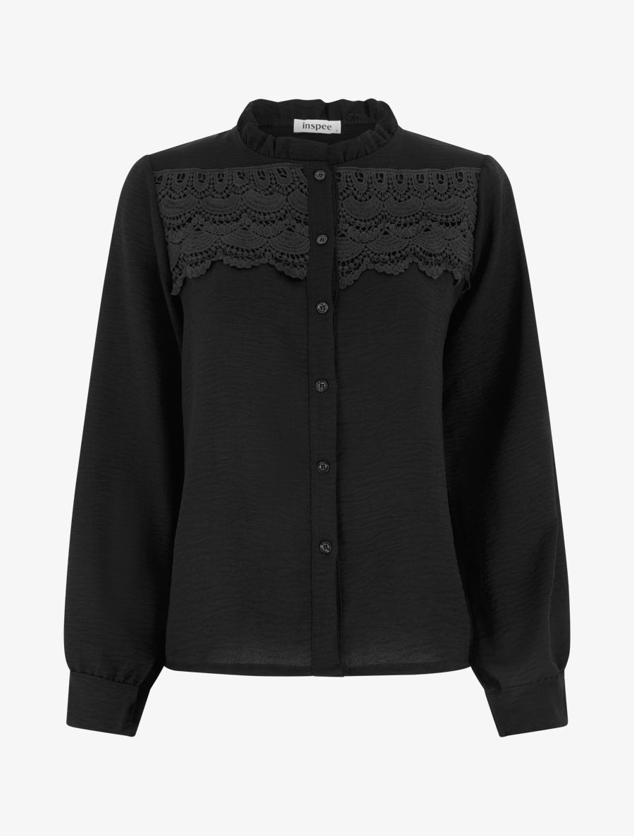 Blouse à col montant volanté et dentelle - Noir - 1