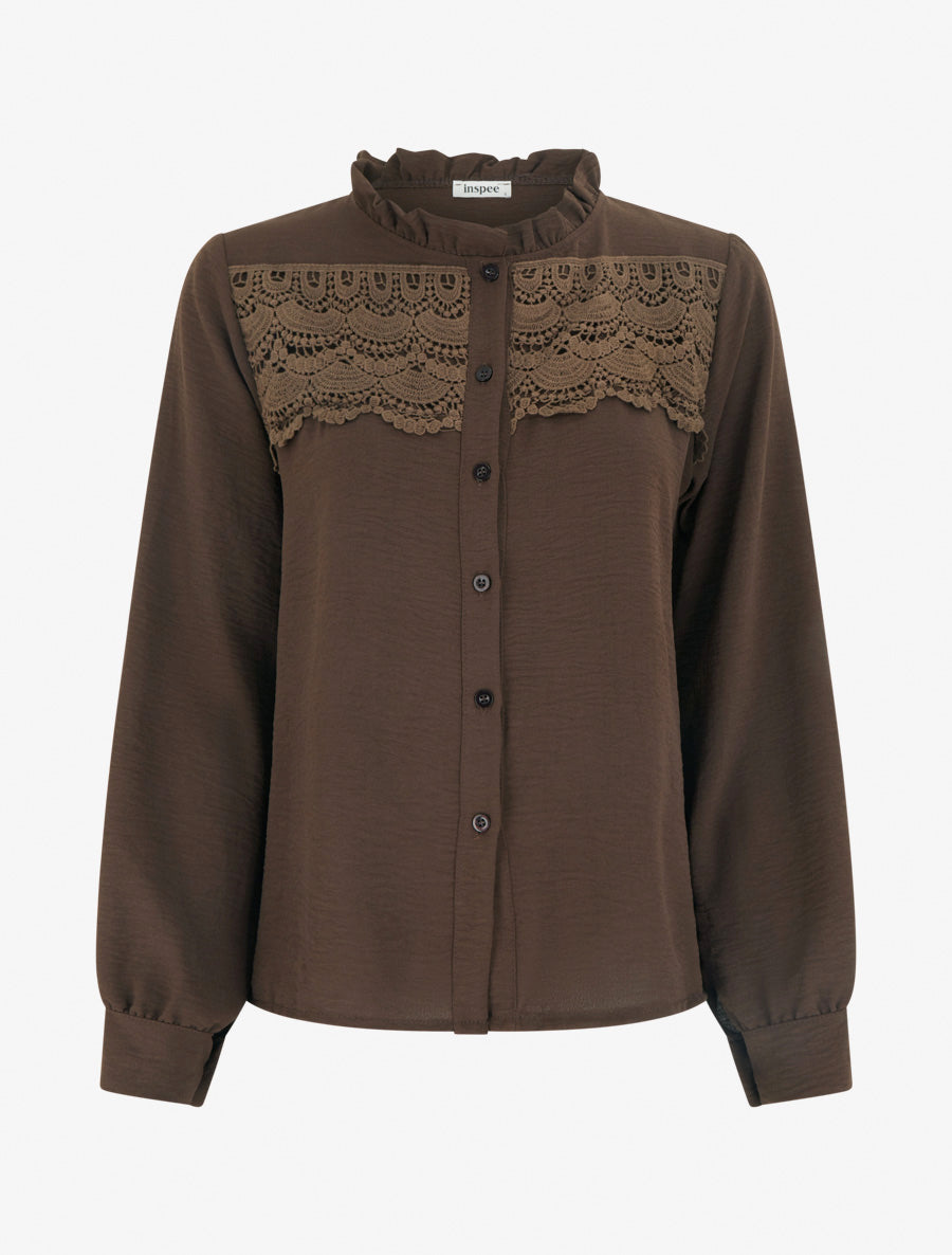 Blouse à col montant volanté et dentelle - Marron - 1