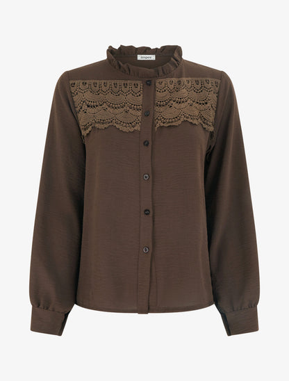 Blouse à col montant volanté et dentelle - Marron - 1