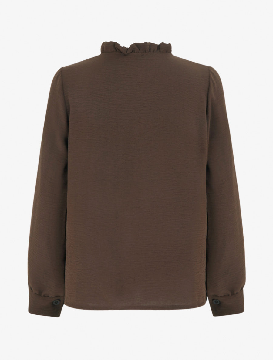 Blouse à col montant volanté et dentelle - Marron - 2
