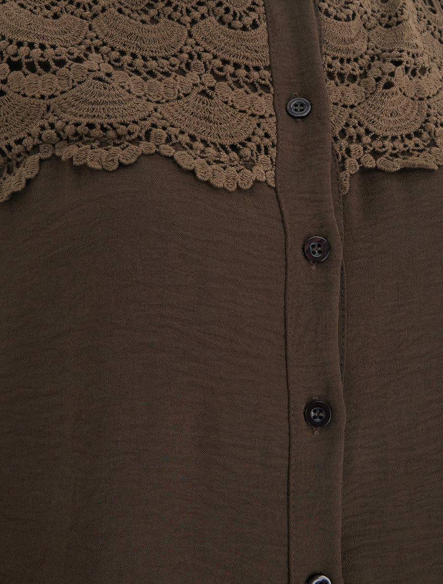 Blouse à col montant volanté et dentelle - Marron - 3
