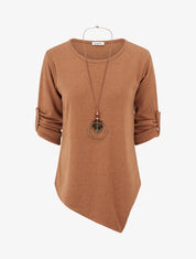 Pull uni à manches longues retroussables - Camel - 1