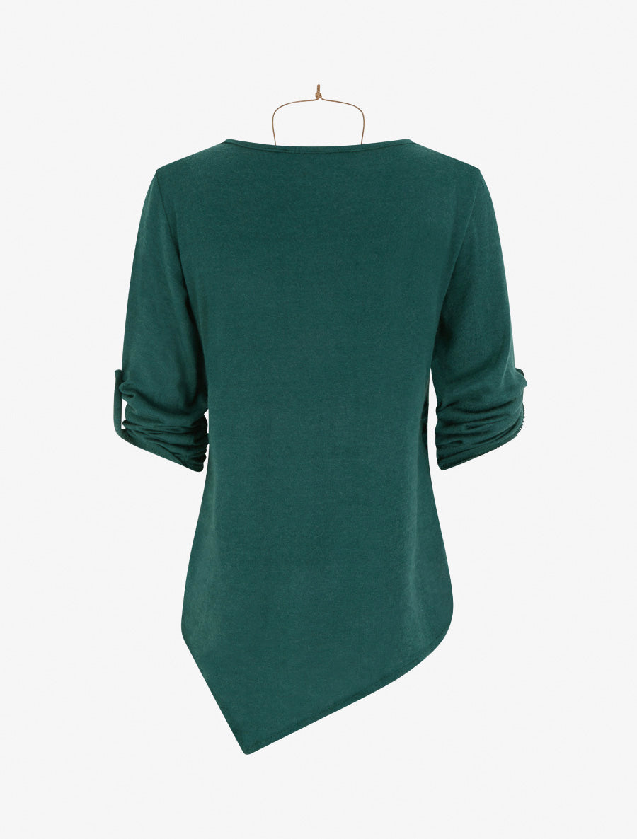 Pull uni à manches longues retroussables - Vert sapin - 2