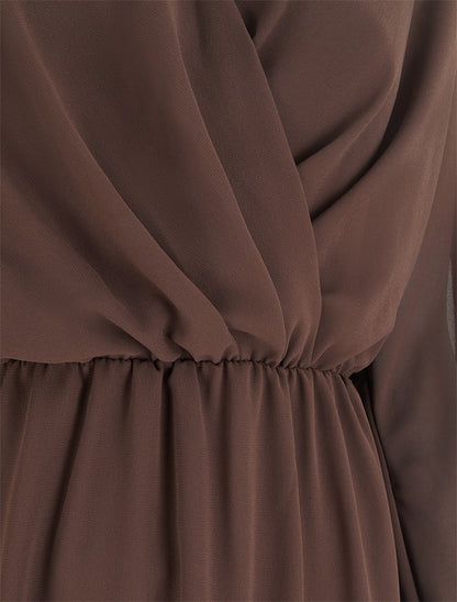 Robe évasée en voile à col cache-coeur - Marron - 3
