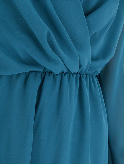 Robe évasée en voile à col cache-coeur - Bleu canard - 3