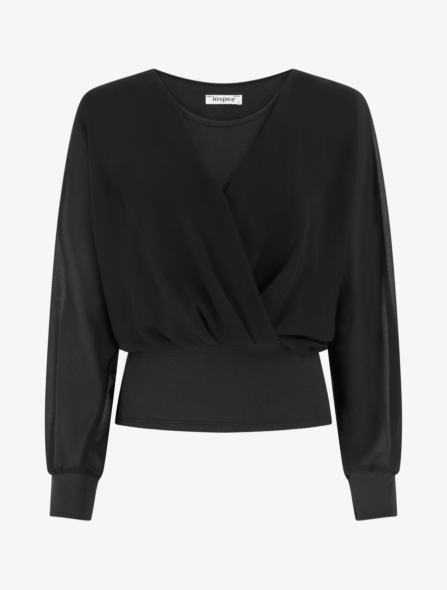 Top à manches style chauve-souris et pans cache-coeur - Noir - 1