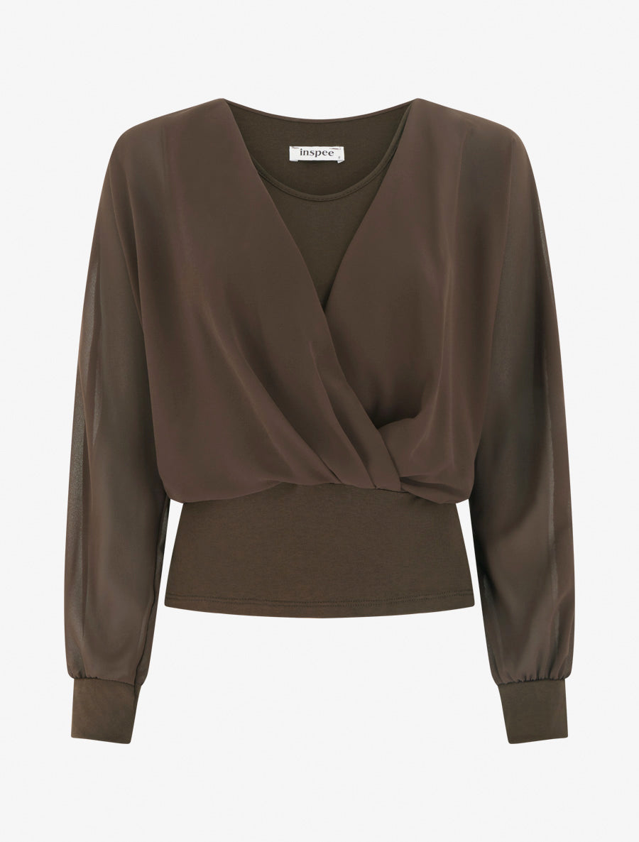 Top à manches style chauve-souris et pans cache-coeur - Marron - 1