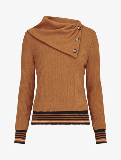 Pull fin côtelé à col stylisé - Camel - 1