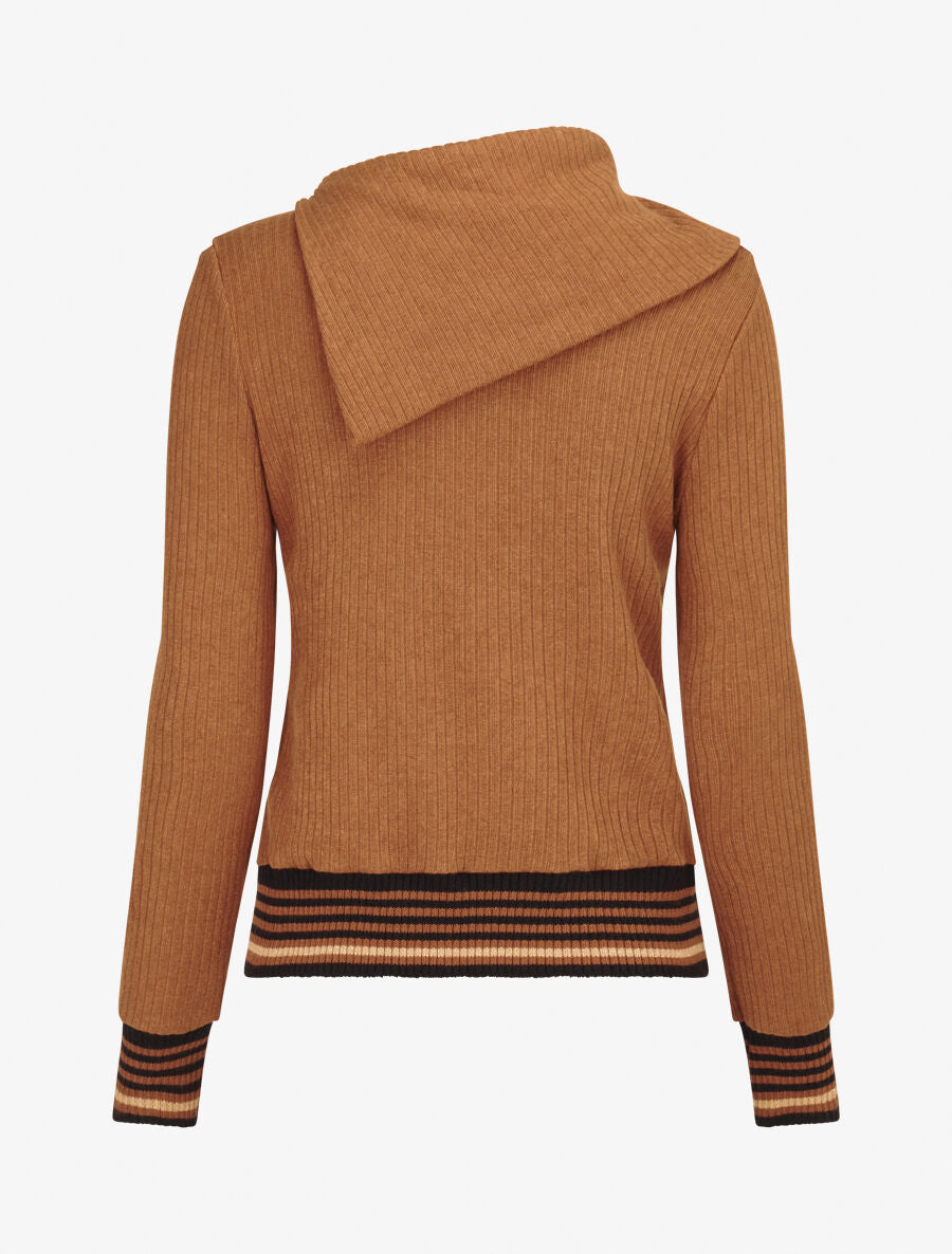 Pull fin côtelé à col stylisé - Camel - 2