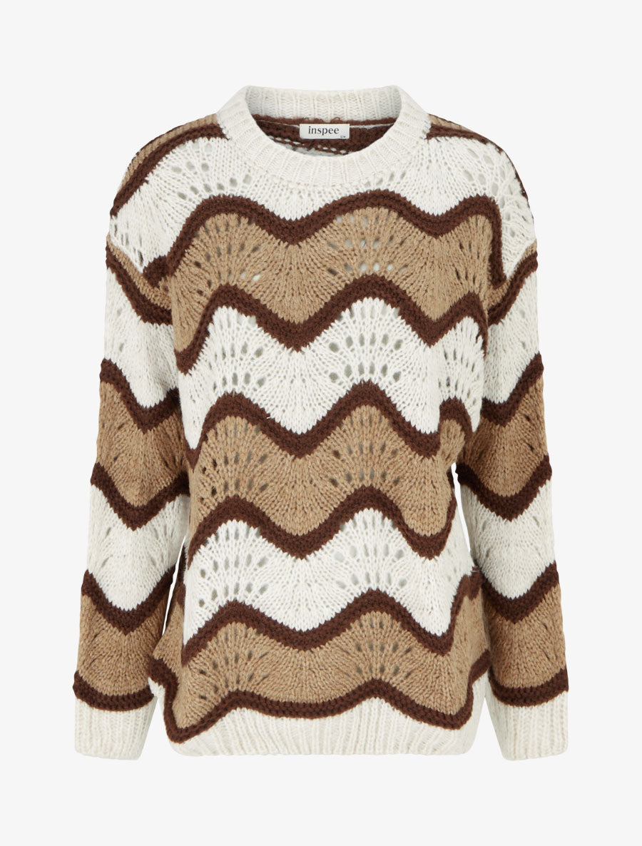 Pull en mohair mélangé à motif rayures courbées - Camel/écru - 1