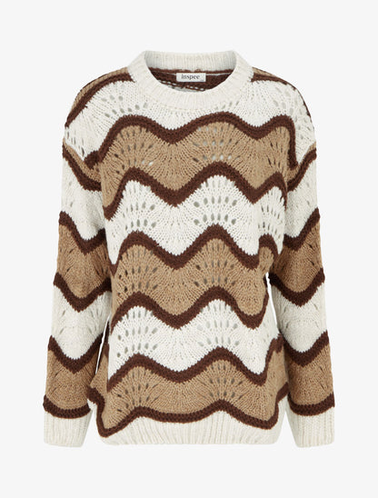 Pull en mohair mélangé à motif rayures courbées - Camel/écru - 1