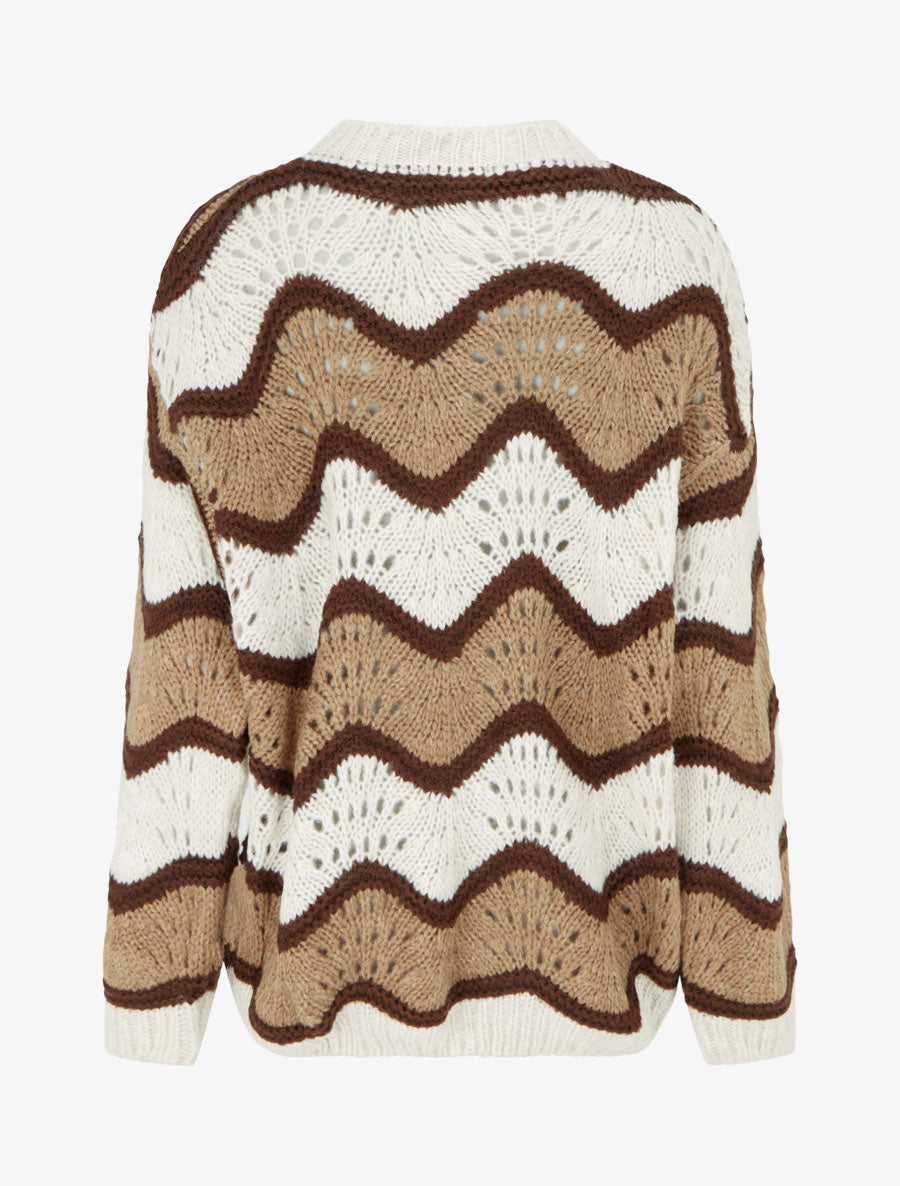 Pull en mohair mélangé à motif rayures courbées - Camel/écru - 2