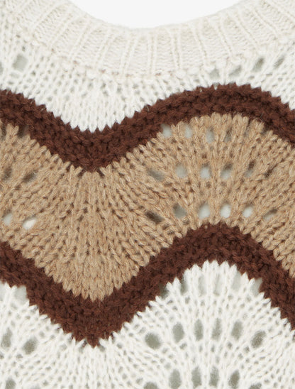 Pull en mohair mélangé à motif rayures courbées - Camel/écru - 3