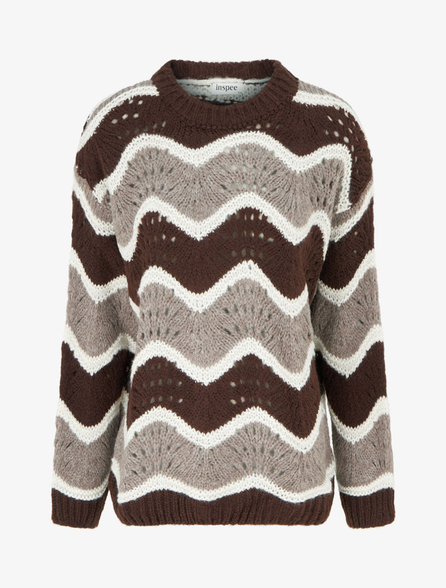 Pull en mohair mélangé à motif rayures courbées - Marron/taupe - 1
