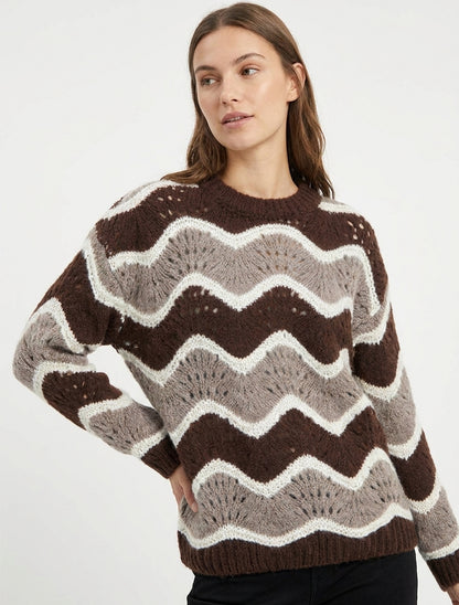 Trui van mohairmix met gebogen streeppatroon - Bruin/taupe
