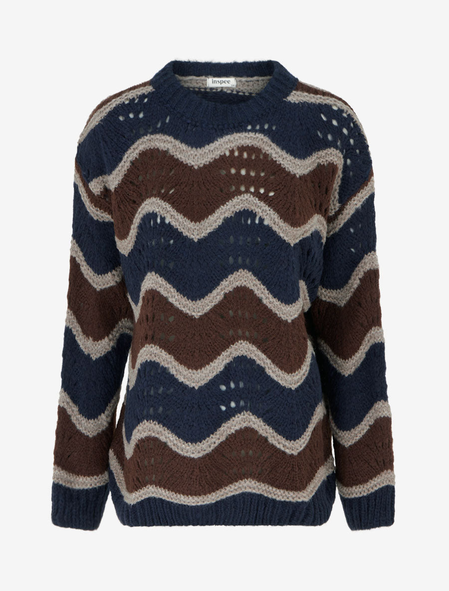 Pull en mohair mélangé à motif rayures courbées - Marron/marine - 1