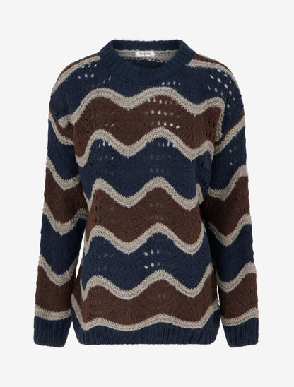 Pull en mohair mélangé à motif rayures courbées - Marron/marine - 1