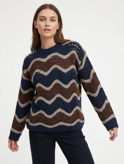 Trui van mohairmix met gebogen streeppatroon - Bruin/marineblauw