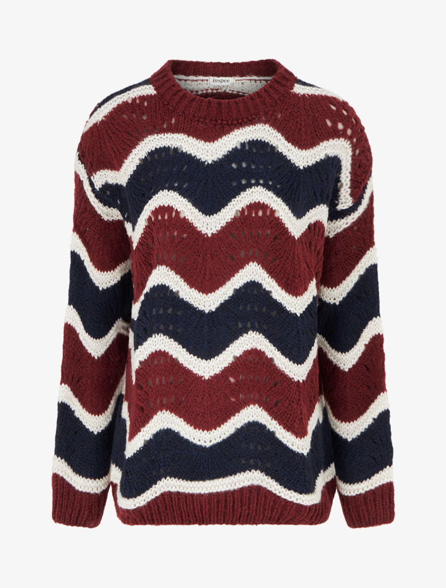 Pull en mohair mélangé à motif rayures courbées - Marine/bordeaux - 1