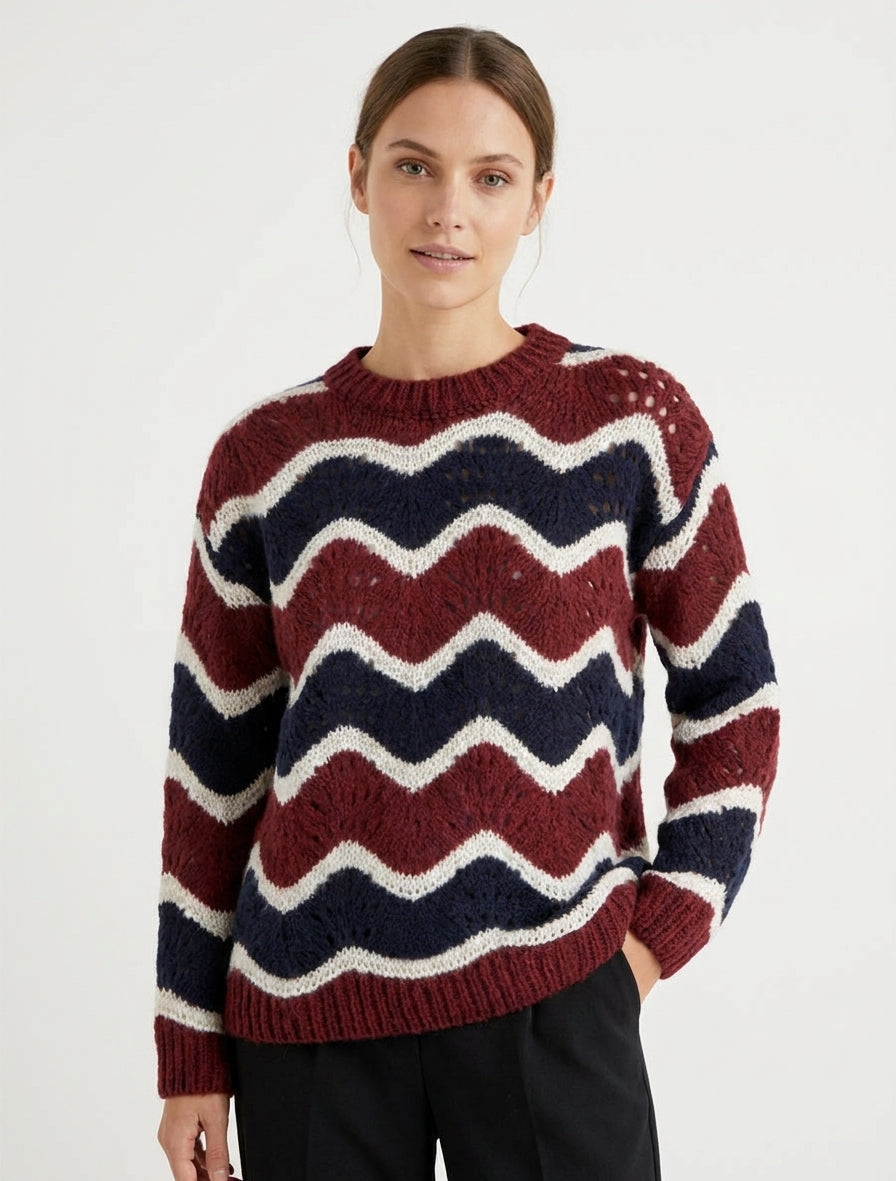 Trui van mohairmix met gebogen streeppatroon - Marine/bordeaux
