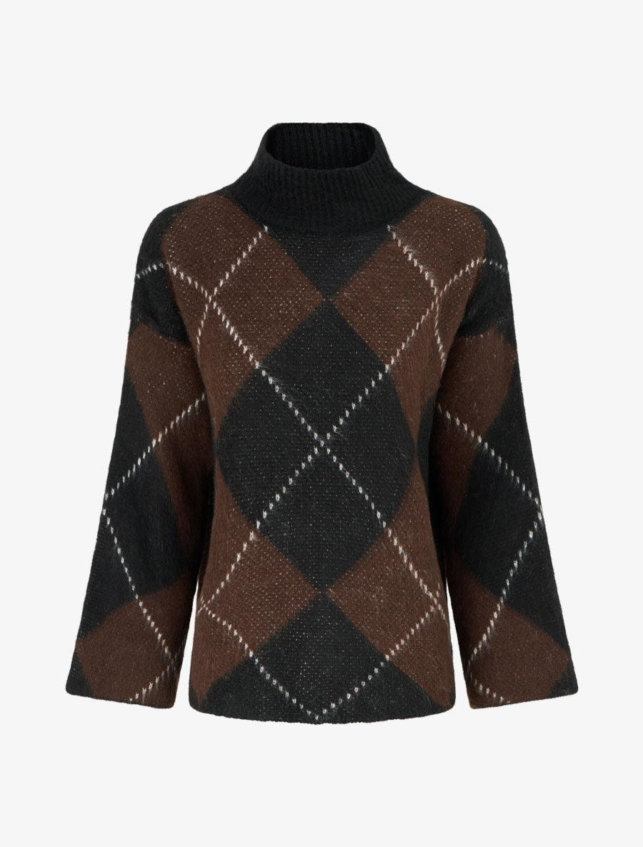 Pull à col montant et motif carreaux en mohair mélangé - Marron - 1