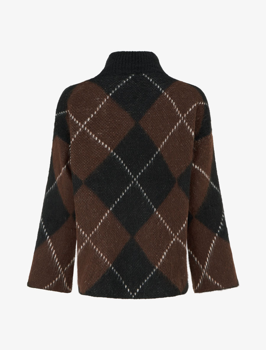 Pull à col montant et motif carreaux en mohair mélangé - Marron - 2