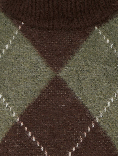 Pull à col montant et motif carreaux en mohair mélangé - Kaki - 3