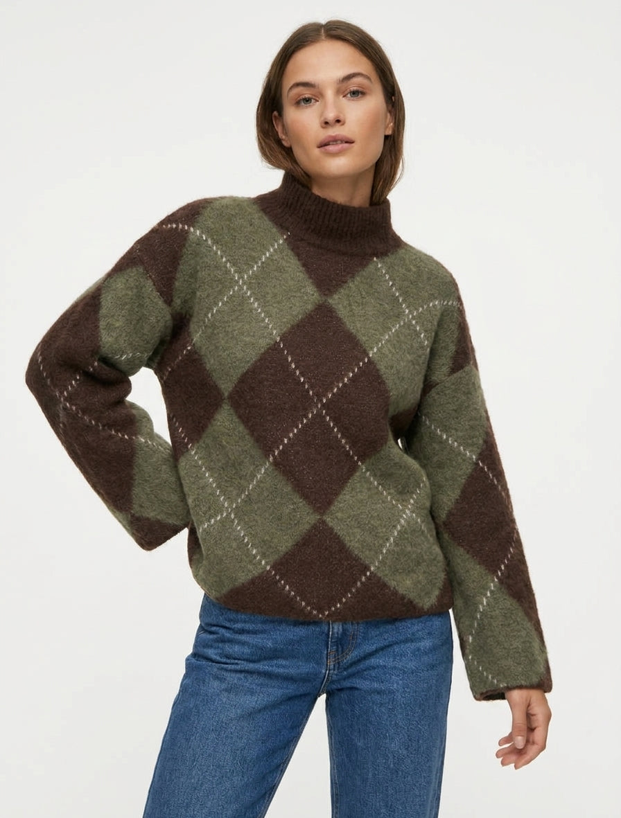 Coltrui met ruitpatroon in gemengde mohair - Kaki