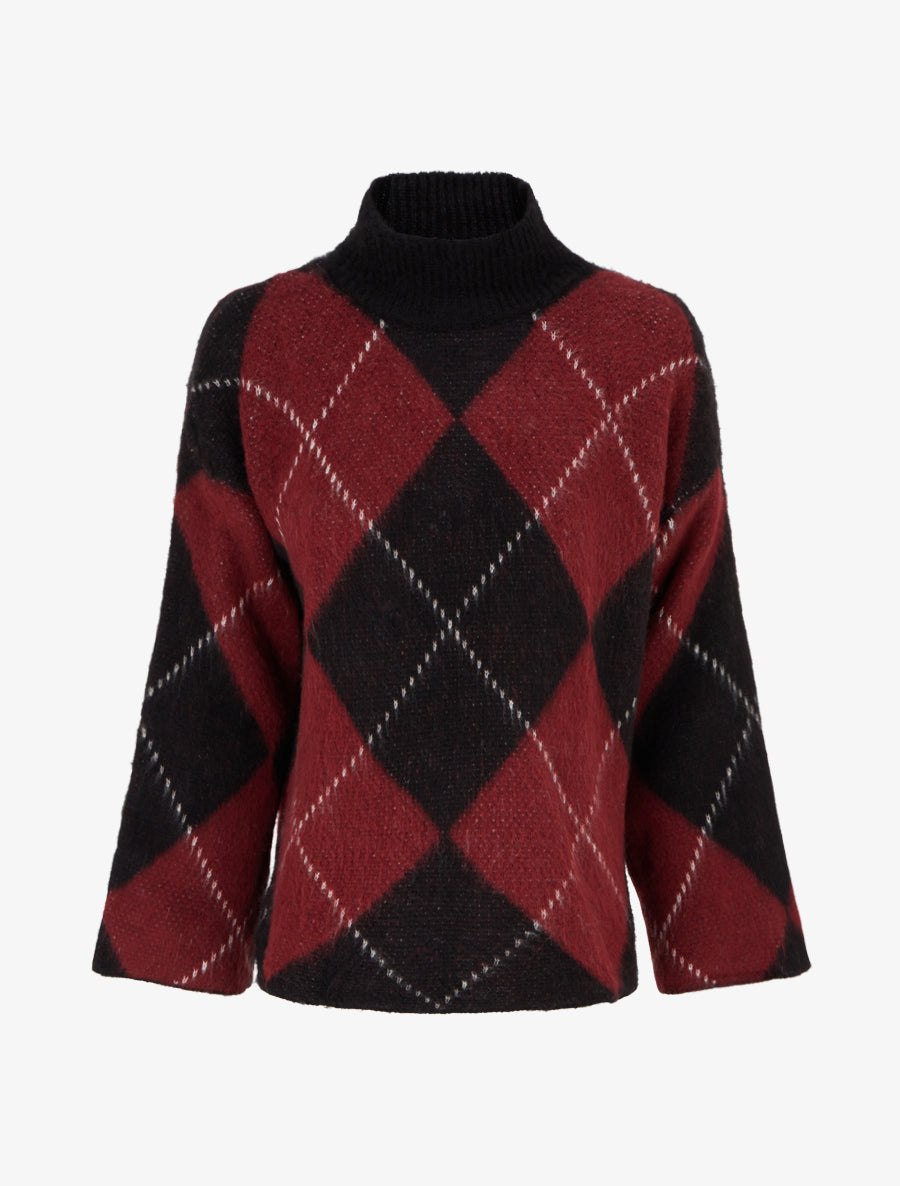 Pull à col montant et motif carreaux en mohair mélangé - Bordeaux - 1