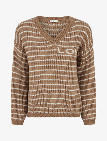 Pull mohair inscription LOVE à rayures - Camel - 1
