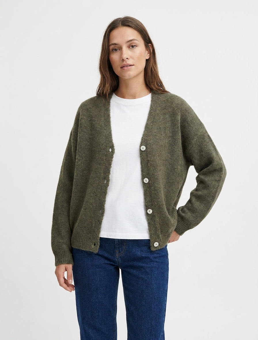 Ruime mohair trui met V-hals - Kaki
