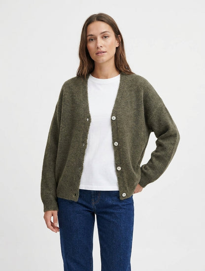 Ruime mohair trui met V-hals - Kaki