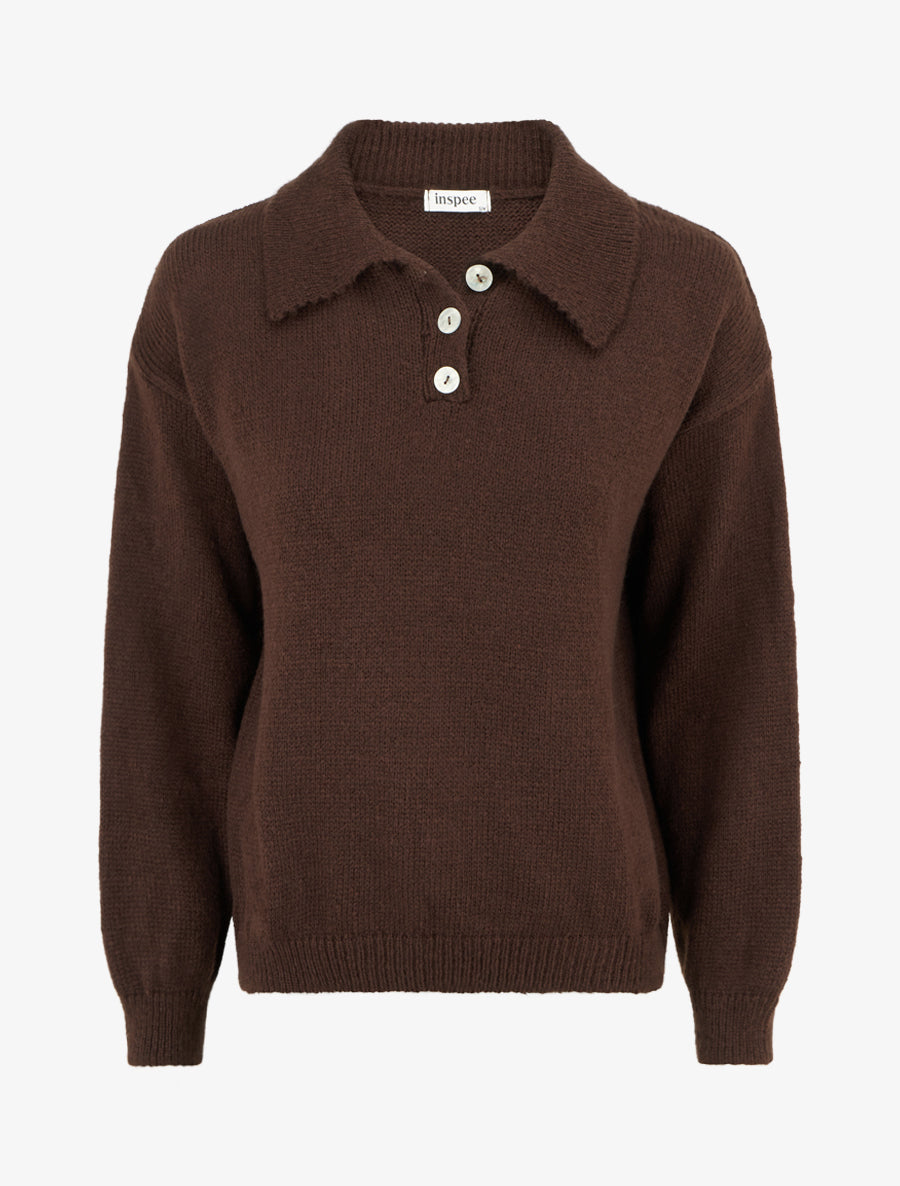 Pull en maille à col boutonné - Marron - 1