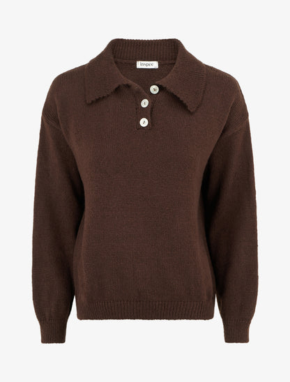 Pull en maille à col boutonné - Marron - 1