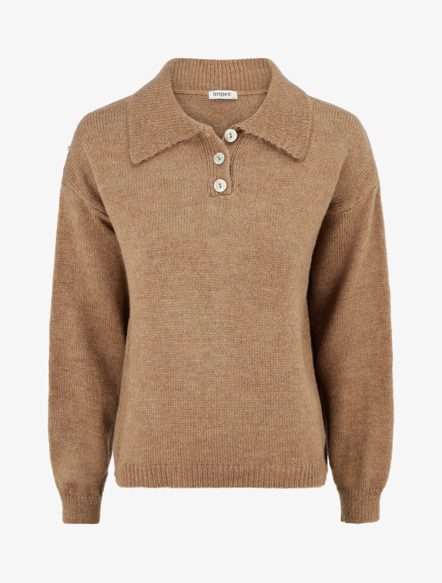 Pull en maille à col boutonné - Camel - 1