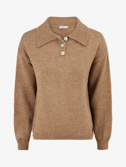Pull en maille à col boutonné - Camel - 1