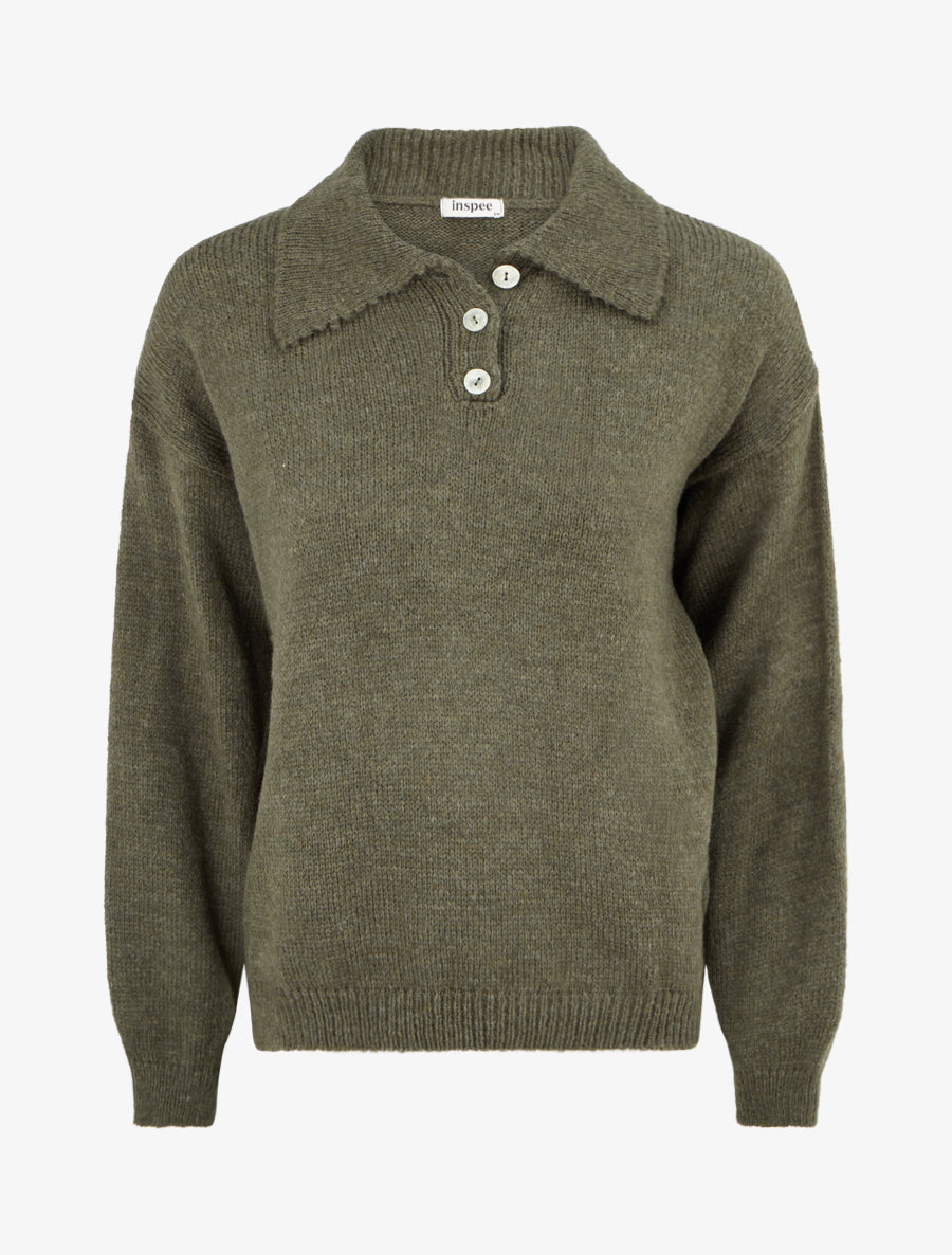 Pull en maille à col boutonné - Kaki - 1