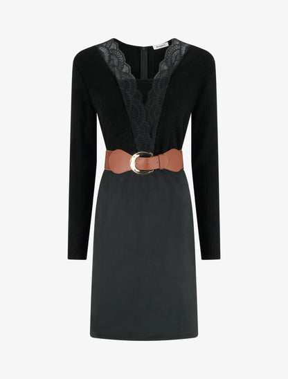 Robe droite bimatière à détail dentelle - Noir - 1