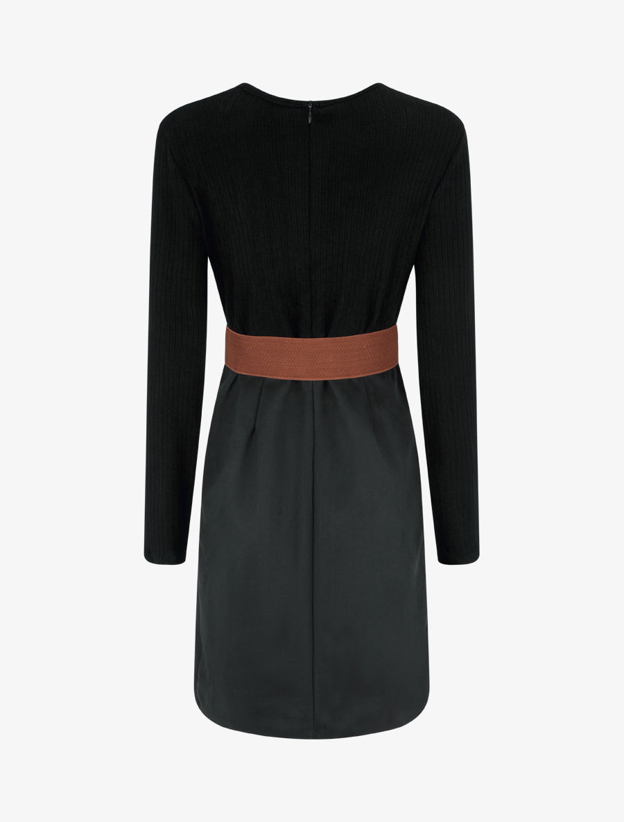 Robe droite bimatière à détail dentelle - Noir - 2