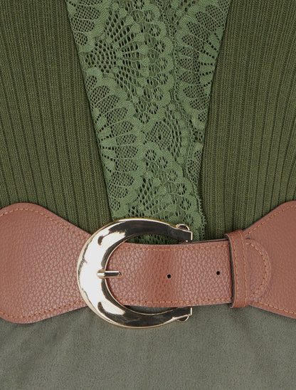 Robe droite bimatière à détail dentelle - Kaki - 3